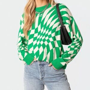 Edikted Morphy Oversized Sweater - Green and Cream Geometric Pattern Size M/L